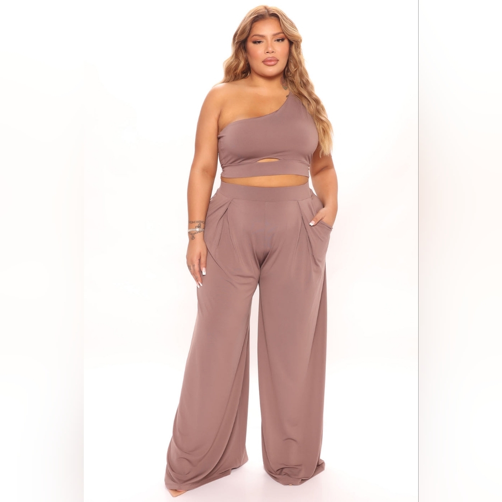 Fashion Nova One Shoulder Pant Set in Taupe
